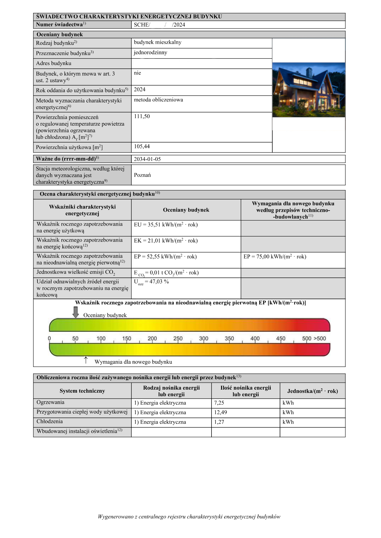 obraz przedstawia przykładowy certyfikat energetyczny domu
